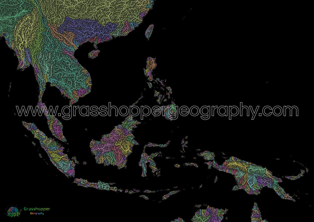 Sudeste Asiático - Mapa de la cuenca fluvial, pastel sobre negro - Impresión de Bellas Artes