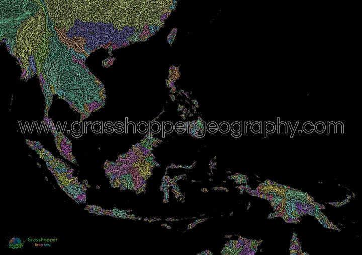 Sudeste Asiático - Mapa da bacia hidrográfica, pastel sobre preto - Impressão de belas artes