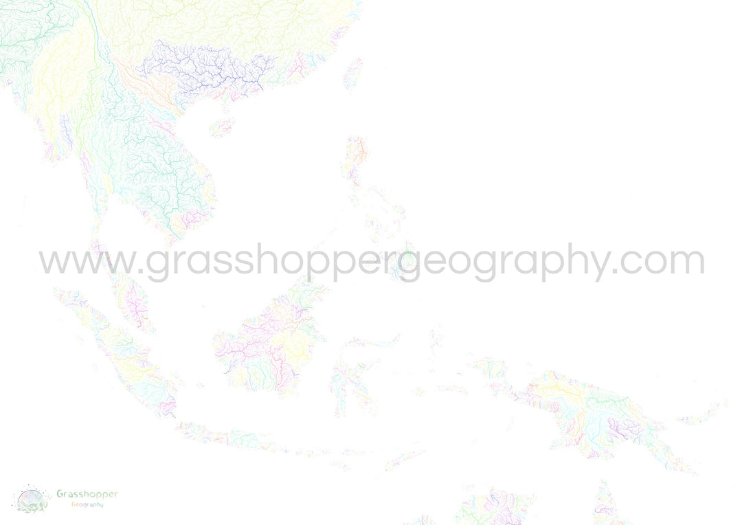 River basin map of Southeast Asia, pastel colours on white - Fine Art Print