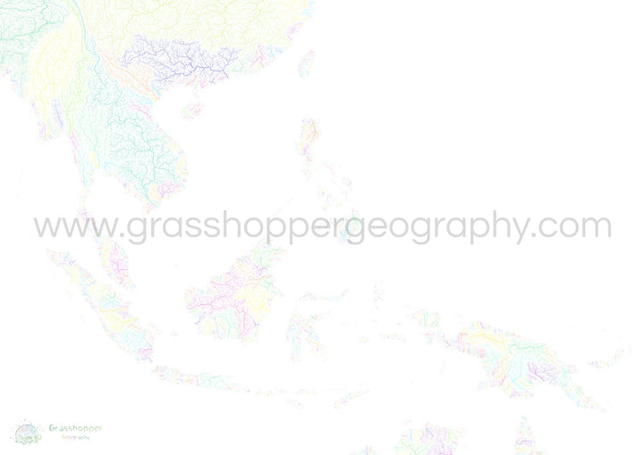 Asie du Sud-Est - Carte des bassins fluviaux, pastel sur blanc - Fine Art Print
