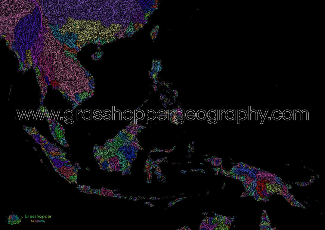 Asie du Sud-Est - Carte des bassins fluviaux, arc-en-ciel sur noir - Fine Art Print