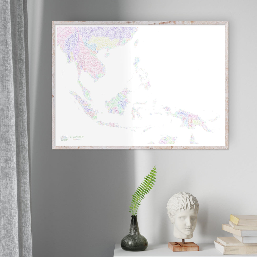River basin map of Southeast Asia, rainbow colours on white Fine Art Print