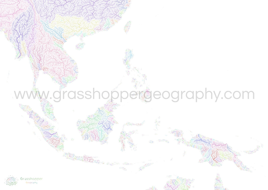 Sudeste Asiático - Mapa de cuencas fluviales, arco iris sobre blanco - Impresión de Bellas Artes