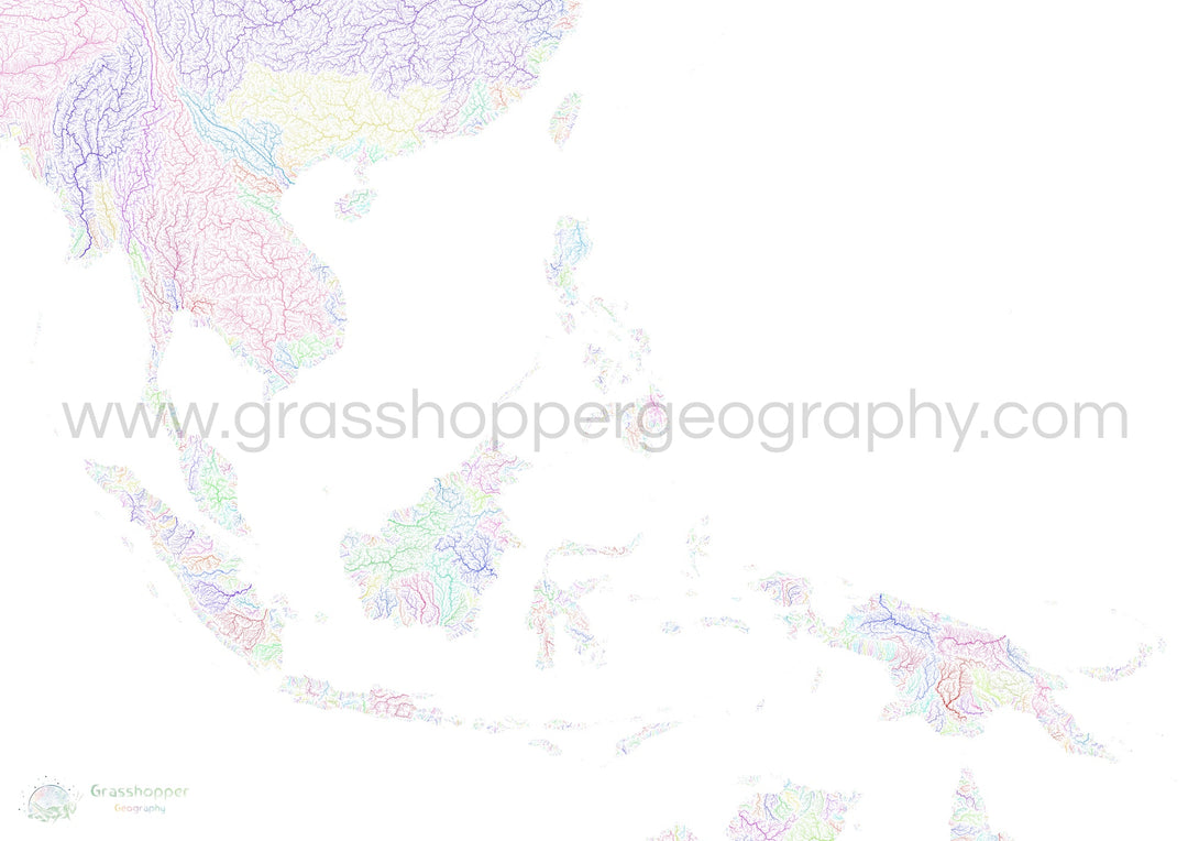 Southeast Asia - River basin map, rainbow on white - Fine Art Print