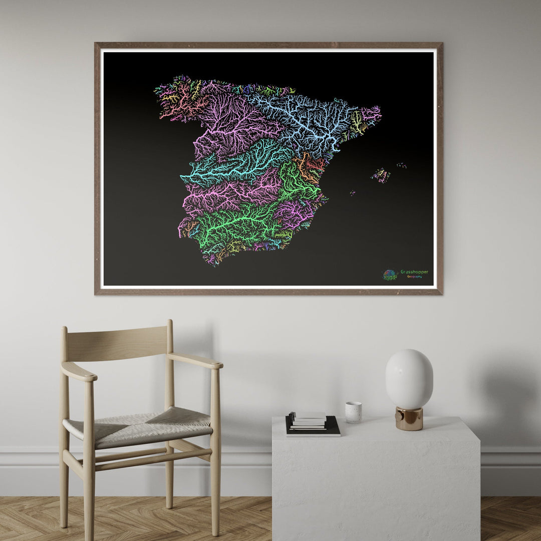 España - Mapa de cuencas hidrográficas, pastel sobre negro - Impresión de Bellas Artes