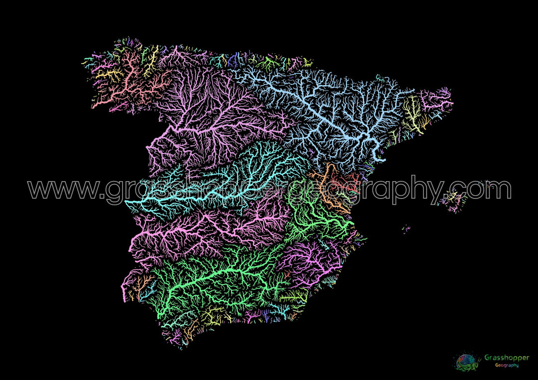España - Mapa de cuencas hidrográficas, pastel sobre negro - Impresión de Bellas Artes