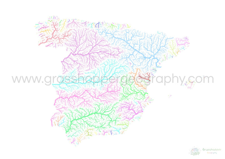 España - Mapa de cuencas hidrográficas, pastel sobre blanco - Impresión de Bellas Artes