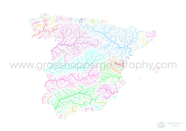 Espanha - Mapa da bacia hidrográfica, pastel sobre branco - Impressão de belas artes