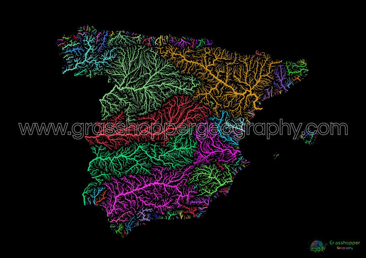 Spain - River basin map, rainbow on black - Fine Art Print