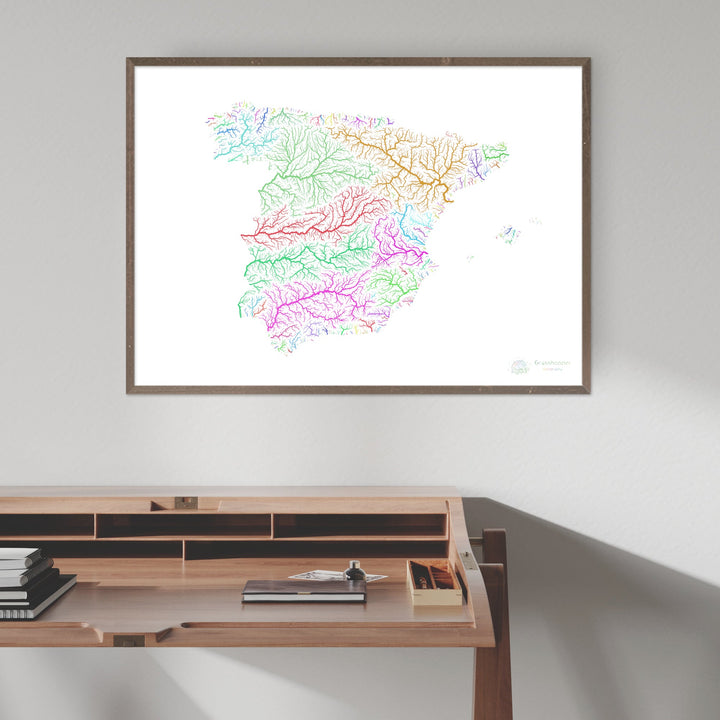 River basin map of Spain, rainbow colours on white Fine Art Print