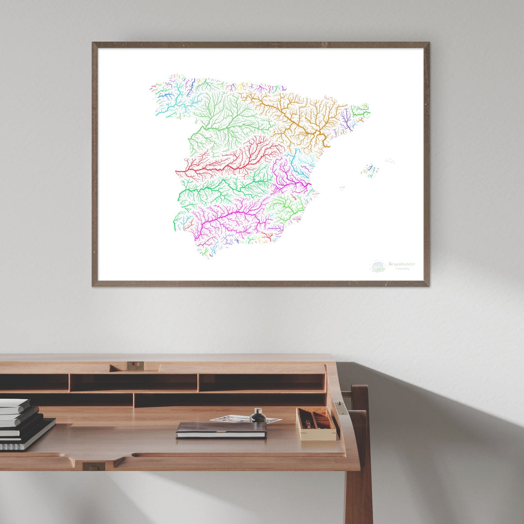 Espagne - Carte des bassins fluviaux, arc-en-ciel sur blanc - Fine Art Print