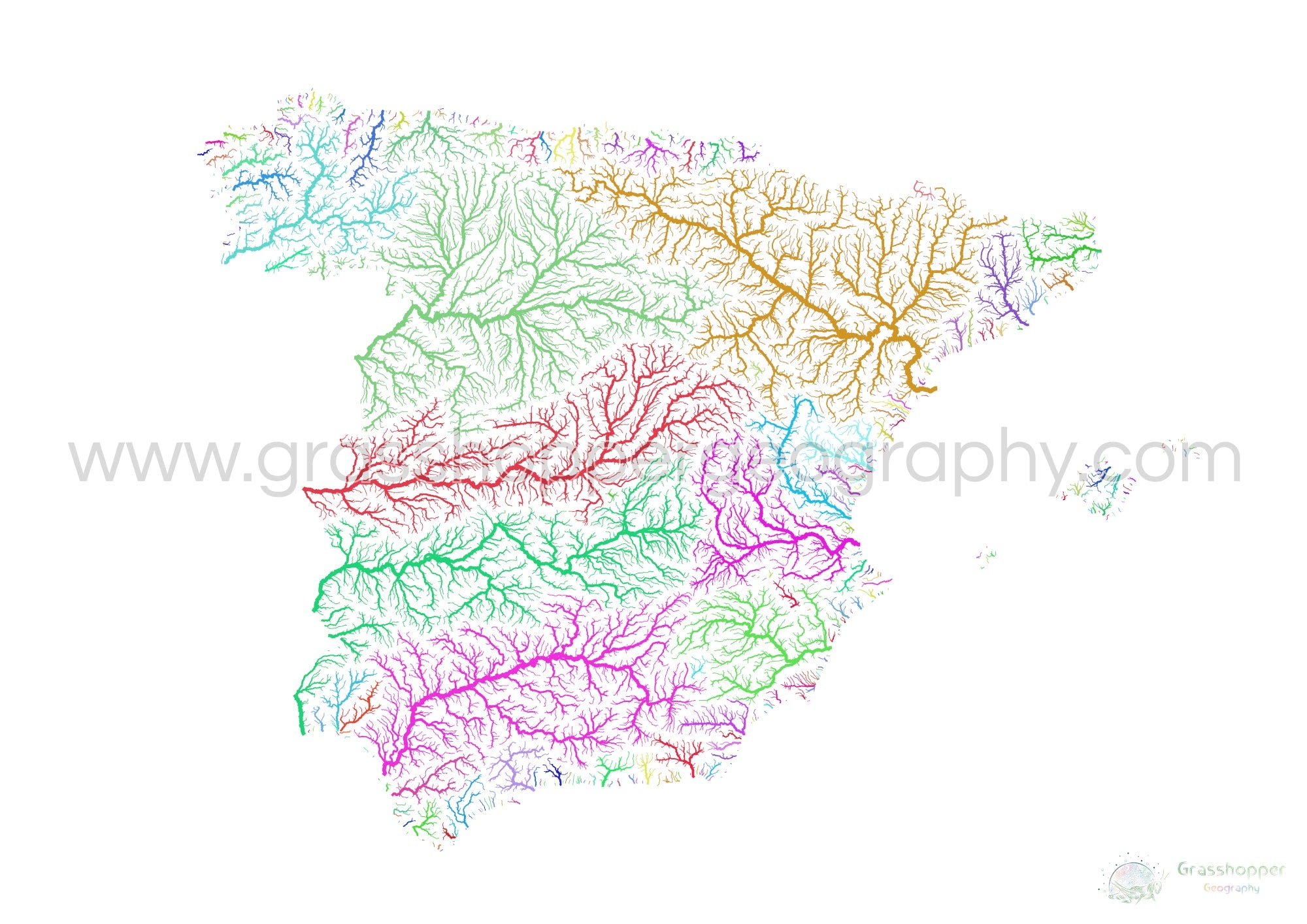 Espa A Mapa De Cuencas Hidrogr Ficas Arco Ris Sobre Blanco Impres River Basin Map Of Spain With White Background Fine Art Print By Grasshopper Geography Licensable 4