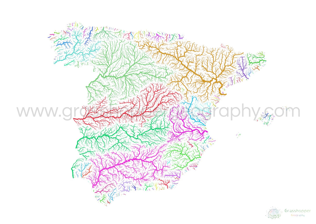 Espagne - Carte des bassins fluviaux, arc-en-ciel sur blanc - Fine Art Print
