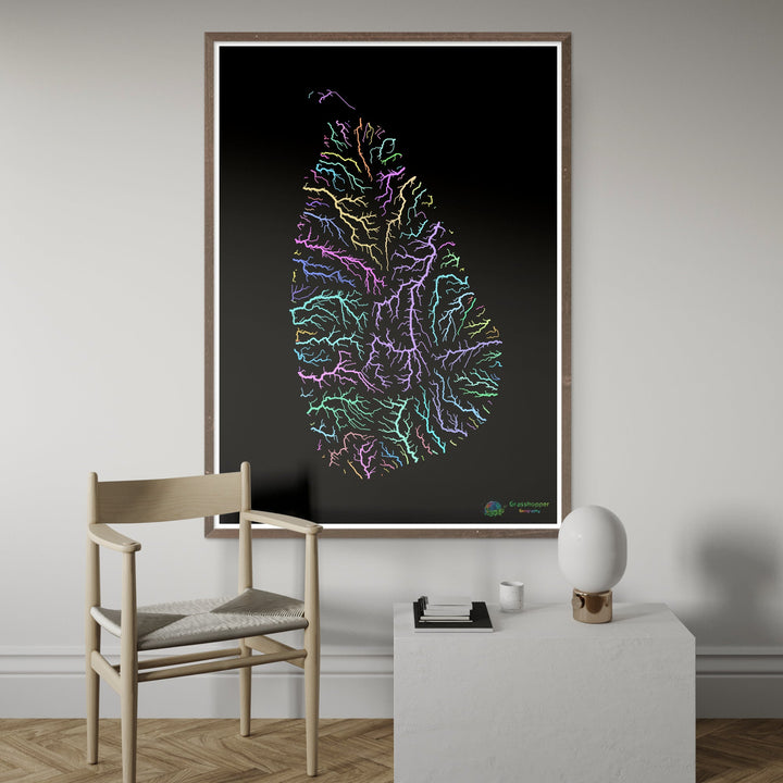 River basin map of Sri Lanka, pastel colours on black - Fine Art Print