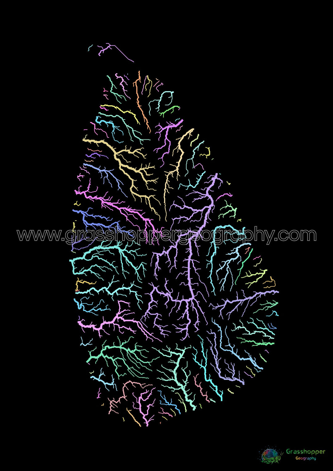 Sri Lanka - Carte des bassins fluviaux, pastel sur noir - Fine Art Print