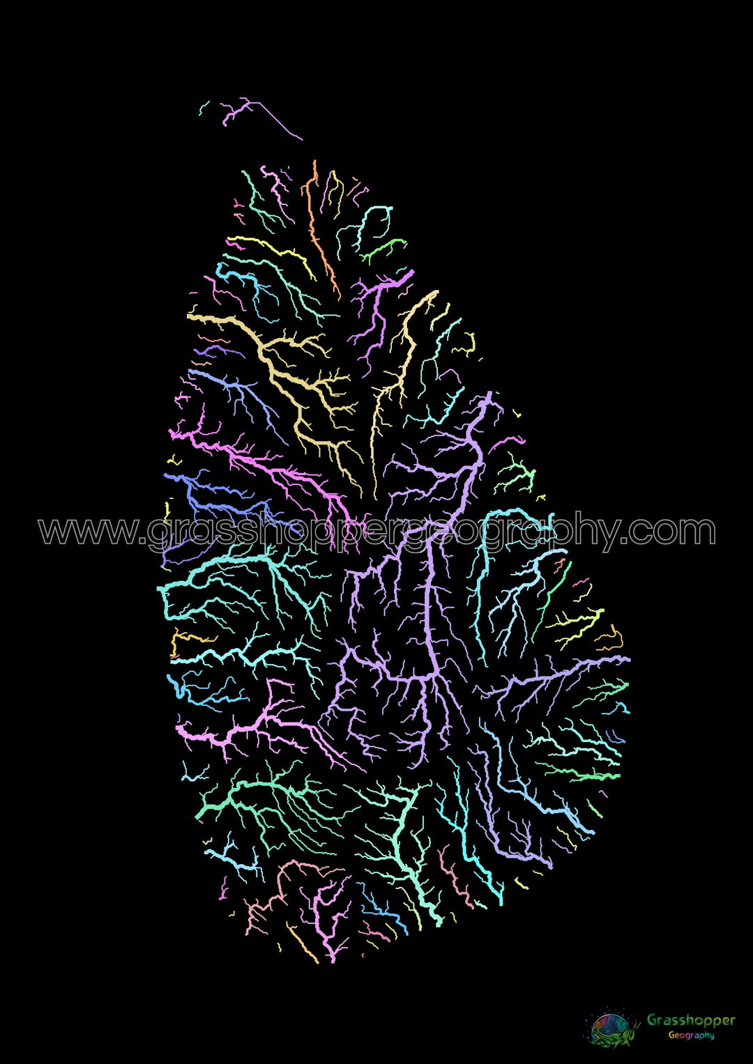 Sri Lanka - River basin map, pastel on black - Fine Art Print