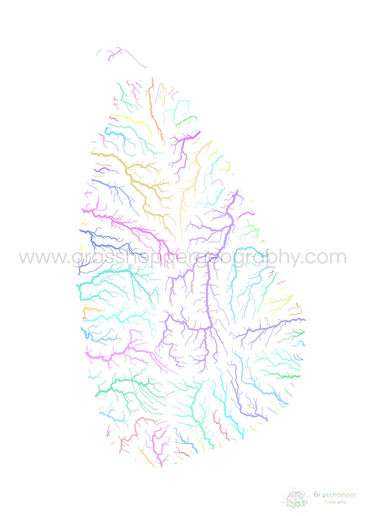 Sri Lanka - Mapa de la cuenca fluvial, pastel sobre blanco - Impresión de Bellas Artes