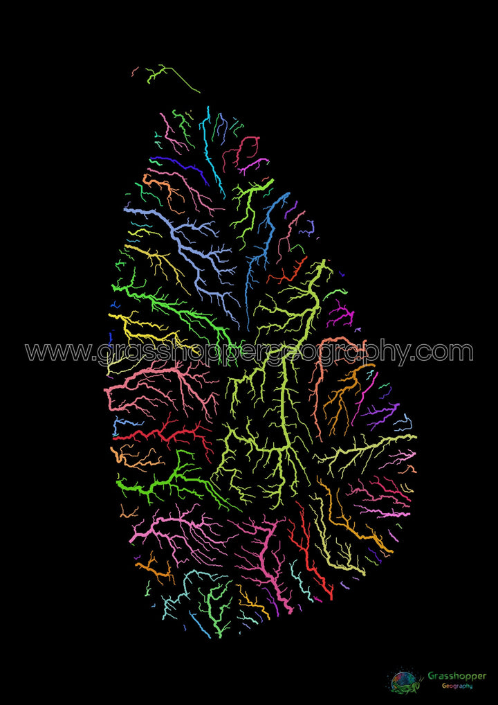 River basin map of Sri Lanka, rainbow colours on black - Fine Art Print