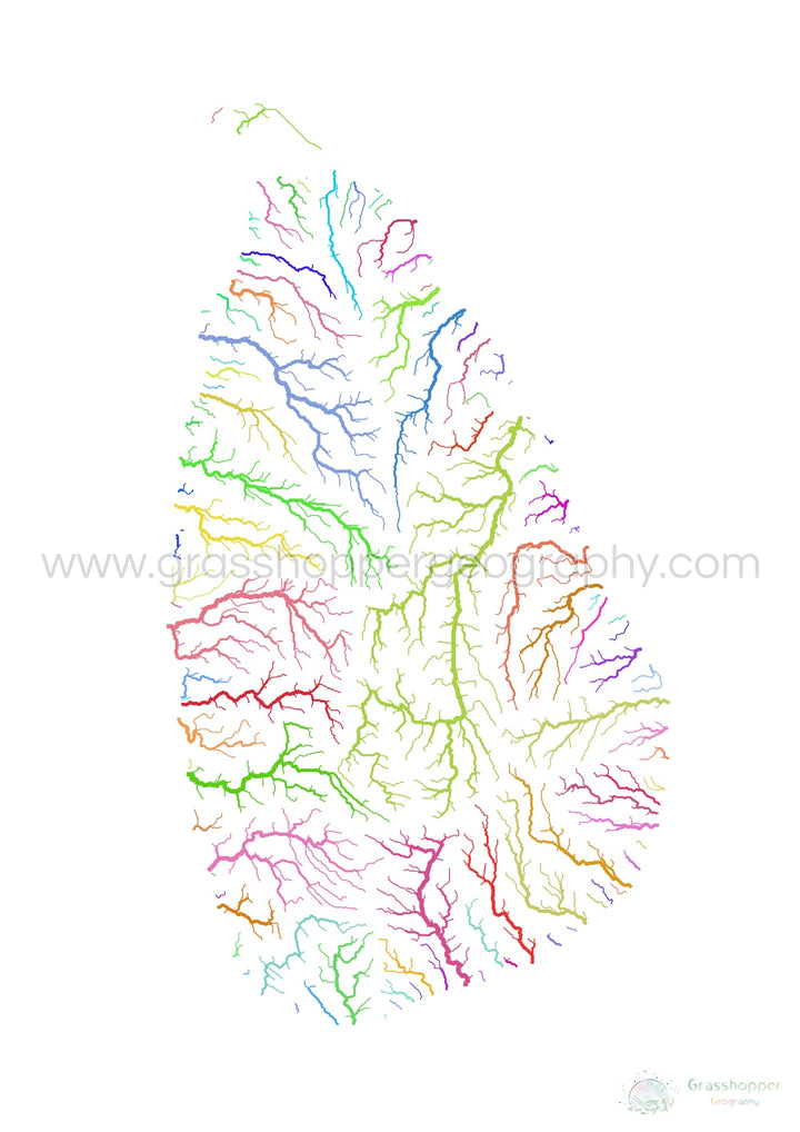 Sri Lanka - Mapa de la cuenca fluvial, arco iris sobre blanco - Impresión de Bellas Artes