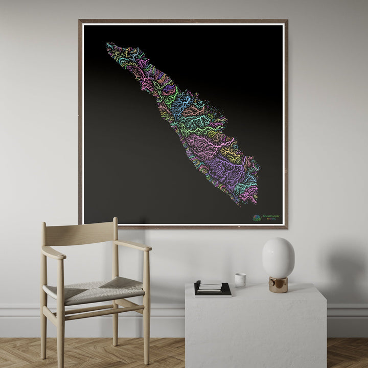 Sumatra - Carte du bassin fluvial, pastel sur noir - Fine Art Print