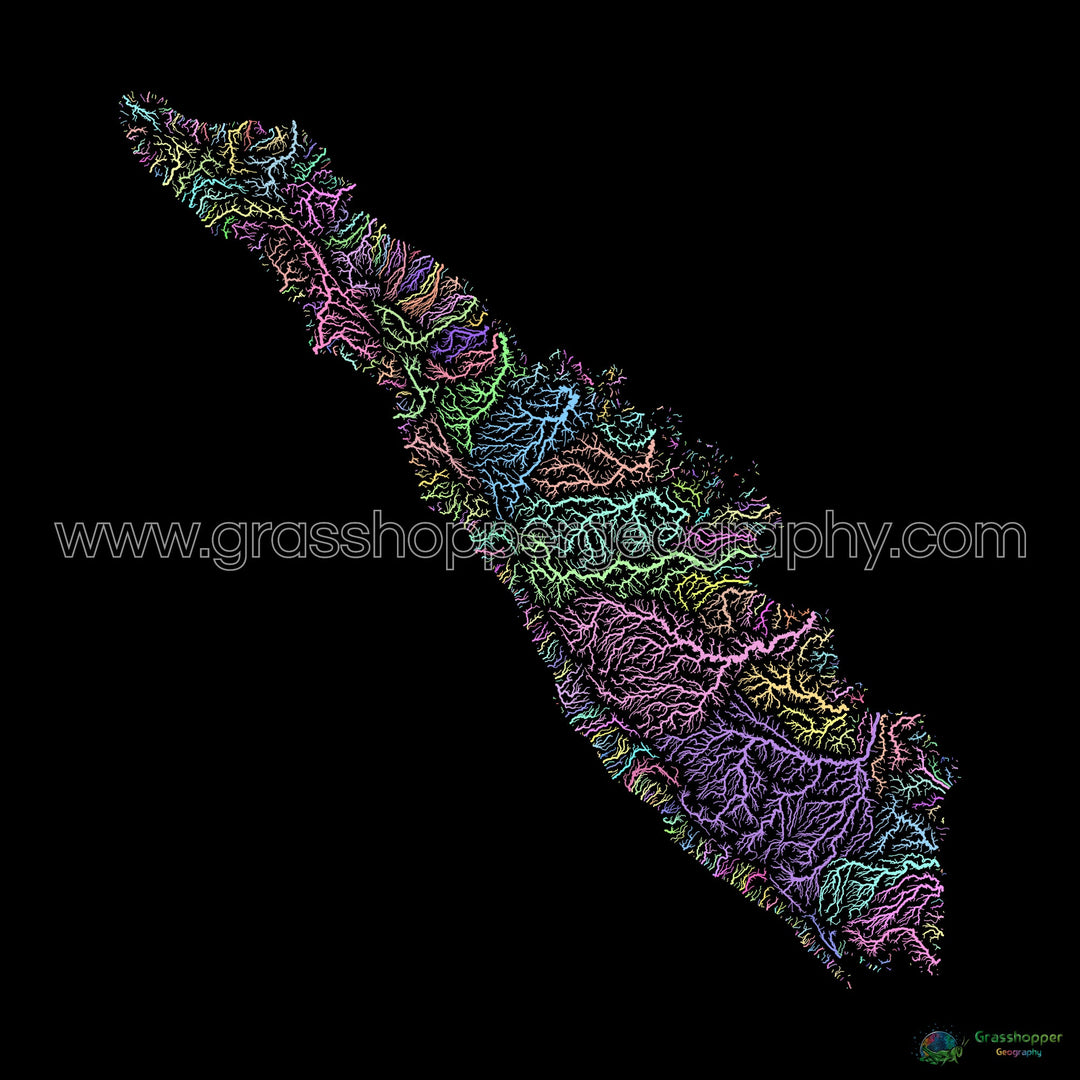 River basin map of Sumatra, pastel colours on black - Fine Art Print