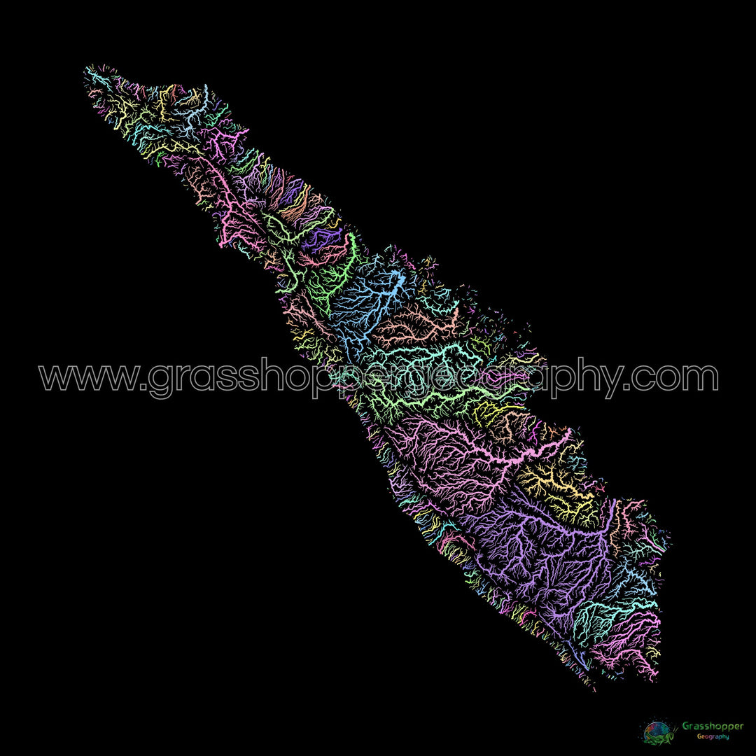 Sumatra - Mapa da bacia hidrográfica, pastel sobre preto - Impressão de belas artes