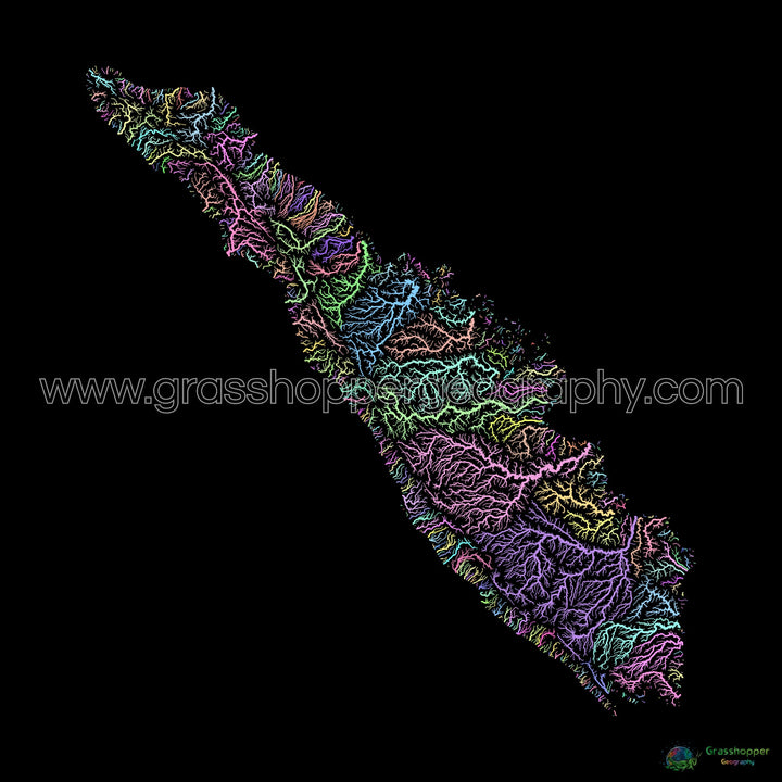 Sumatra - Mapa de la cuenca del río, pastel sobre negro - Impresión de Bellas Artes