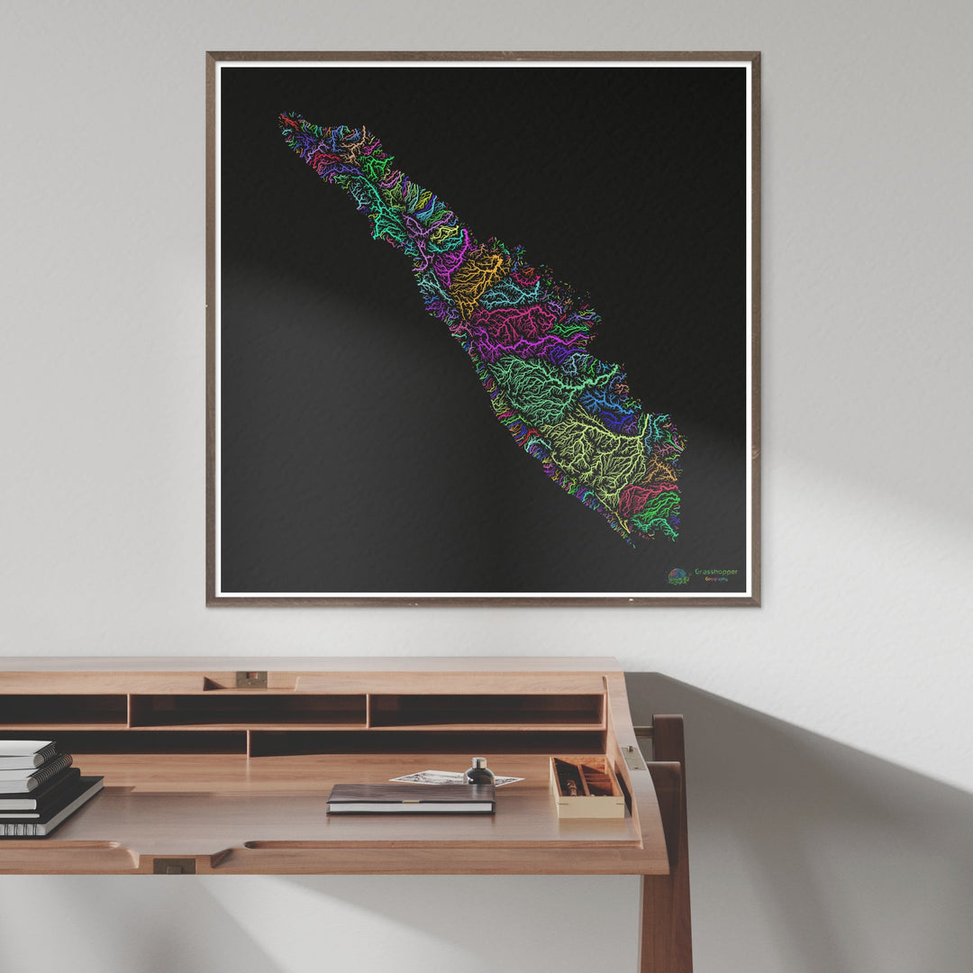 River basin map of Sumatra, rainbow colours on black - Fine Art Print