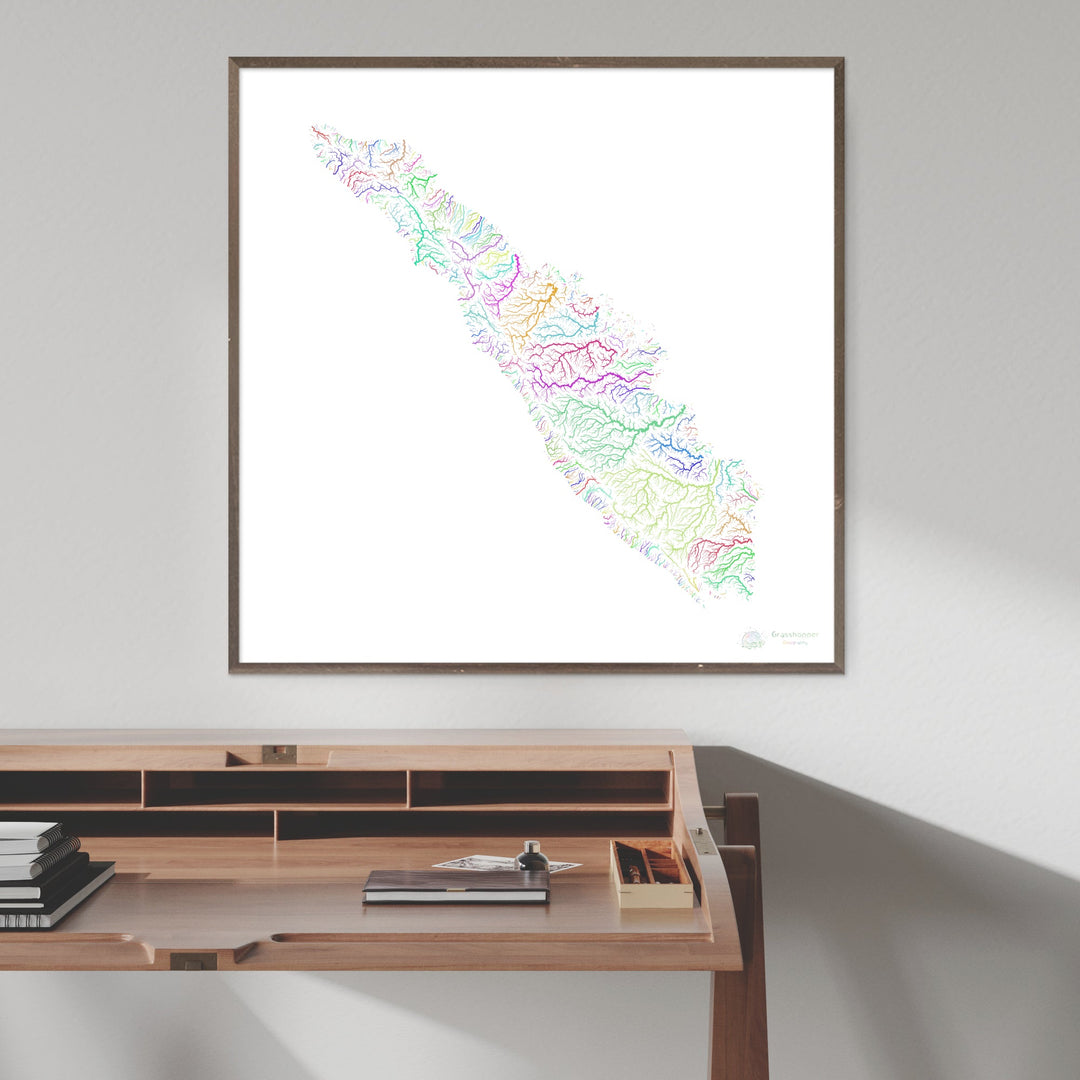 Sumatra - Mapa de la cuenca del río, arco iris sobre blanco - Impresión de Bellas Artes