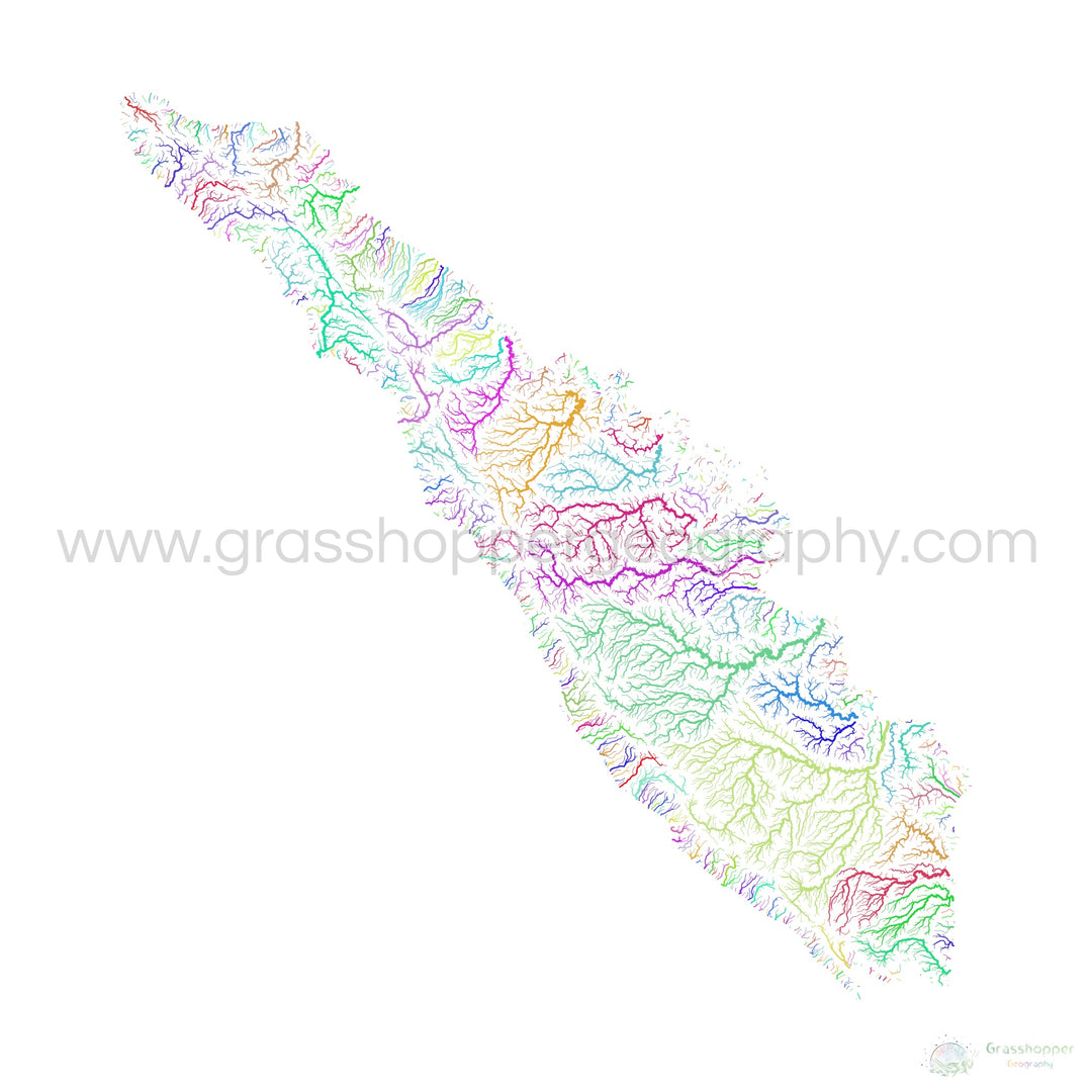 Sumatra - Mapa de la cuenca del río, arco iris sobre blanco - Impresión de Bellas Artes