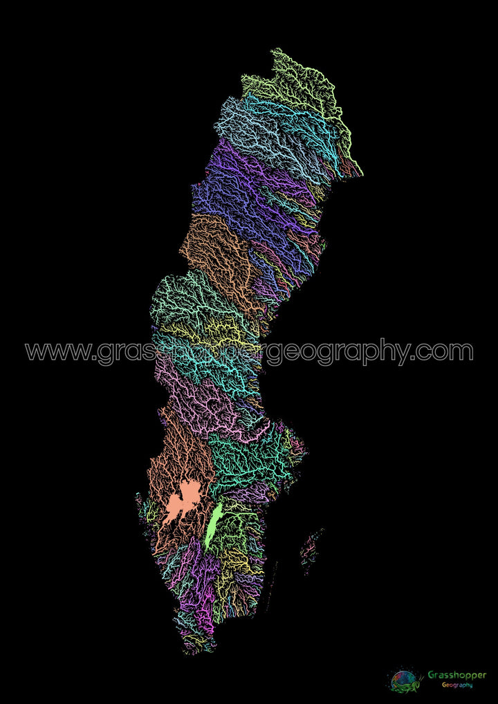 River basin map of Sweden, pastel colours on black - Fine Art Print