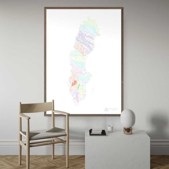 River basin map of Sweden, pastel colours on white - Fine Art Print