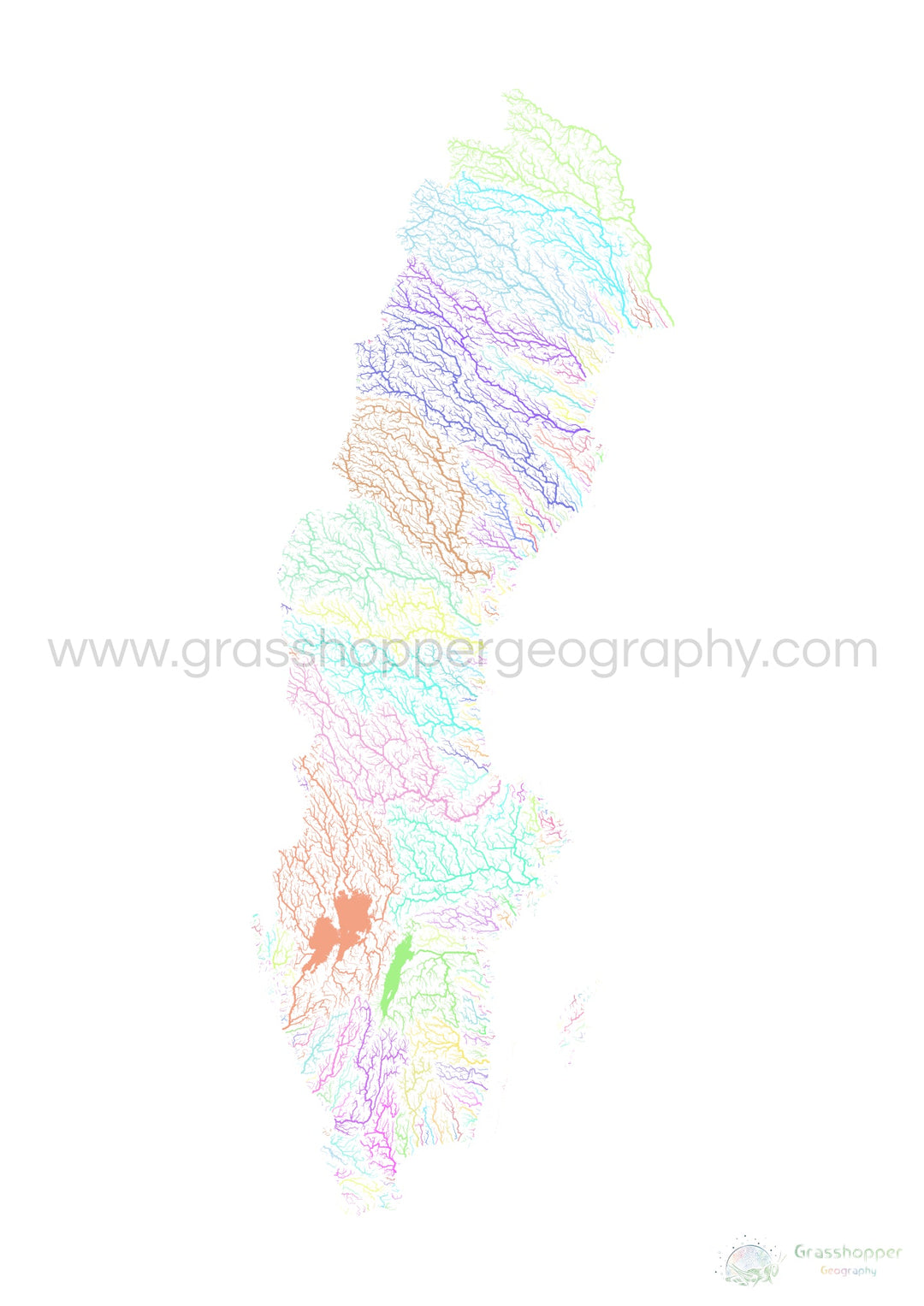 Suède - Carte des bassins fluviaux, pastel sur blanc - Fine Art Print