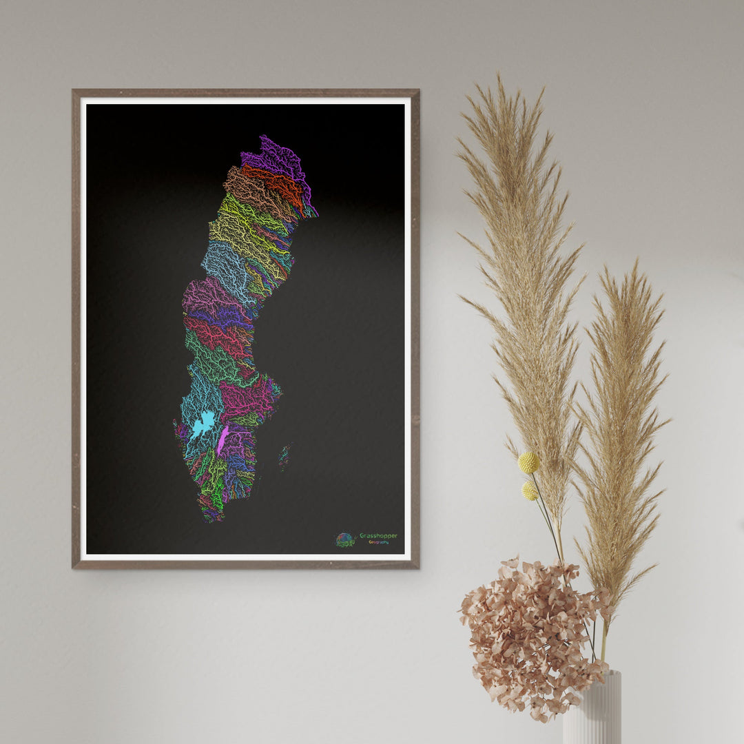 River basin map of Sweden, rainbow colours on black - Fine Art Print