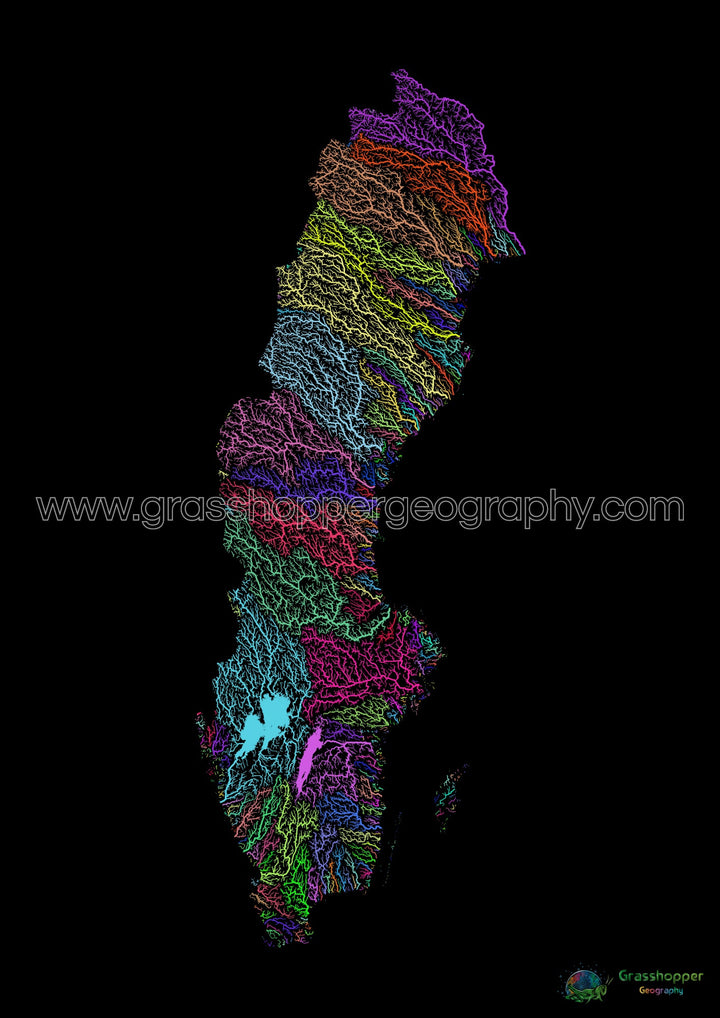 Sweden - River basin map, rainbow on black - Fine Art Print