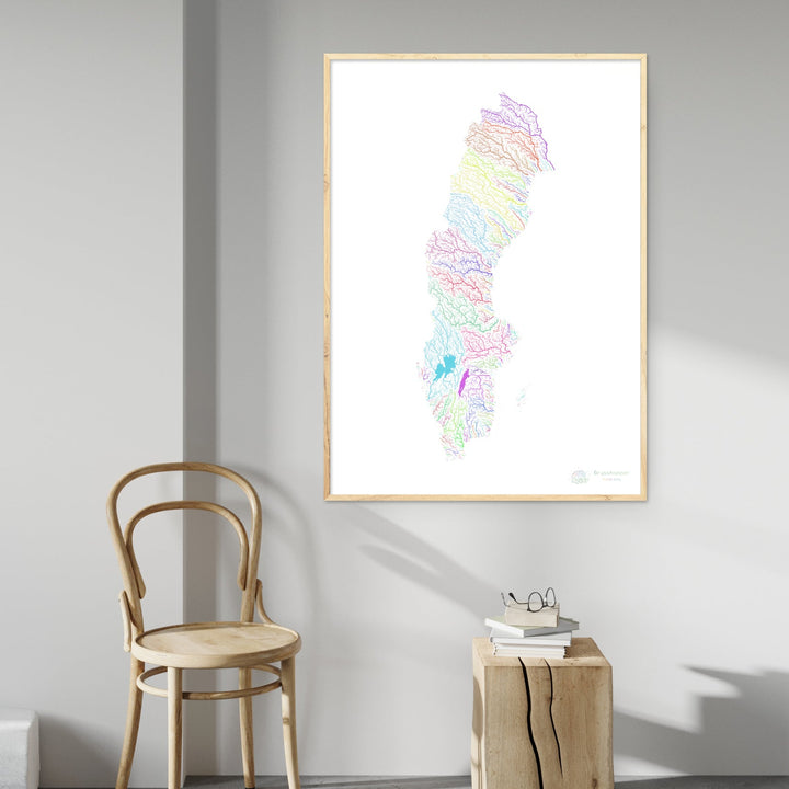 River basin map of Sweden, rainbow colours on white Fine Art Print