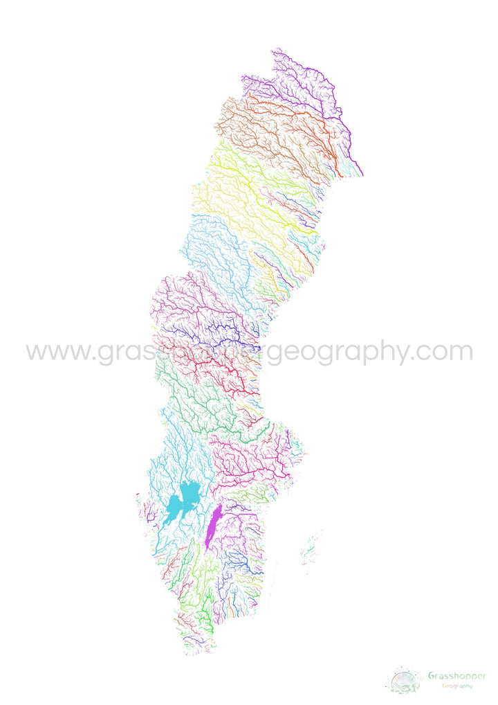 River basin map of Sweden, rainbow colours on white Fine Art Print