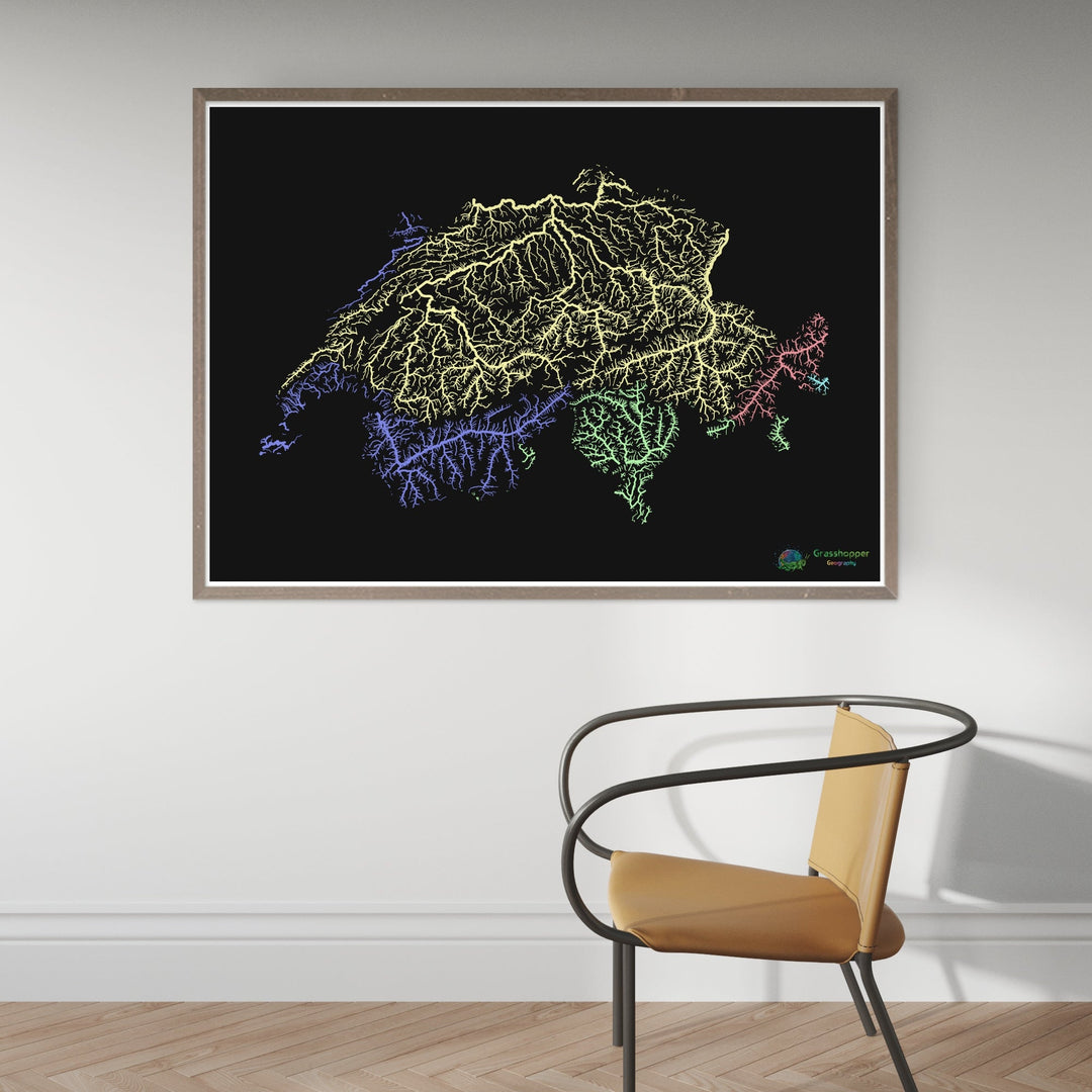 Suiza - Mapa de la cuenca fluvial, pastel sobre negro - Impresión de Bellas Artes