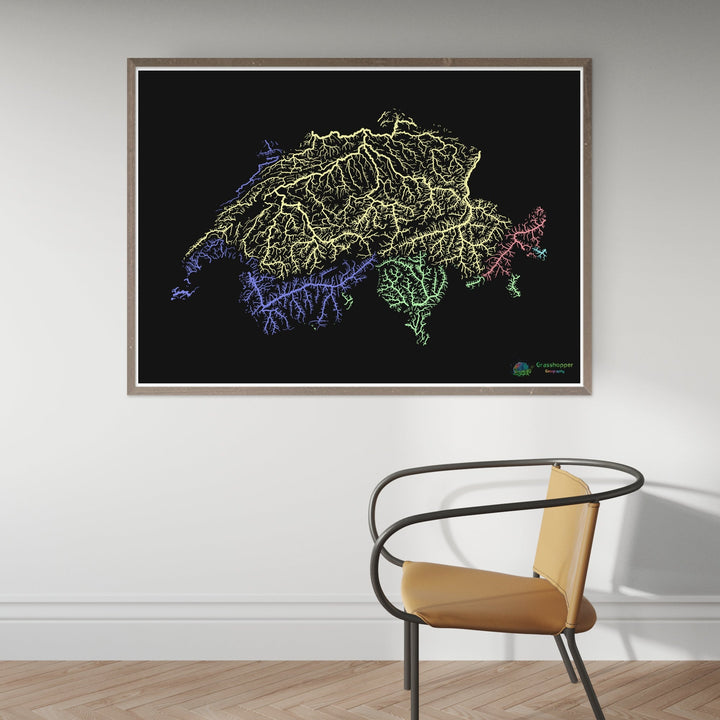 Suisse - Carte des bassins fluviaux, pastel sur noir - Fine Art Print