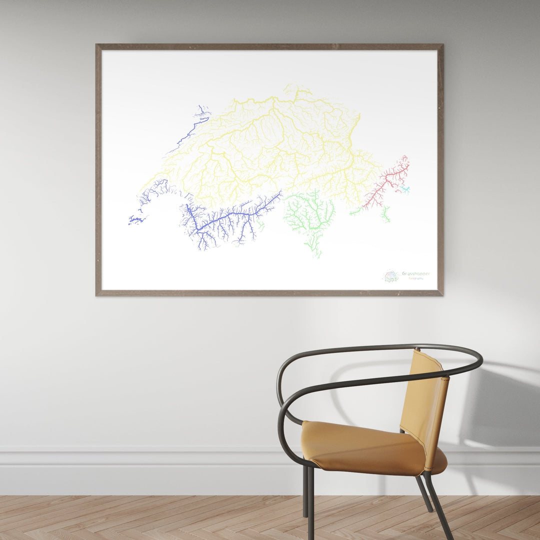 Suisse - Carte des bassins fluviaux, pastel sur blanc - Fine Art Print