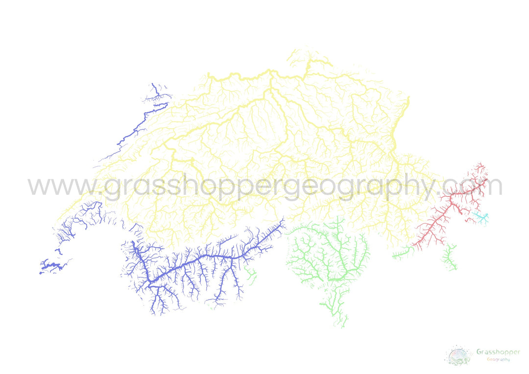Suíça - Mapa da bacia hidrográfica, pastel sobre branco - Impressão de belas artes