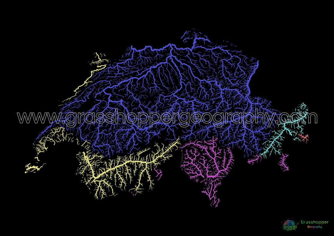 Switzerland - River basin map, rainbow on black - Fine Art Print