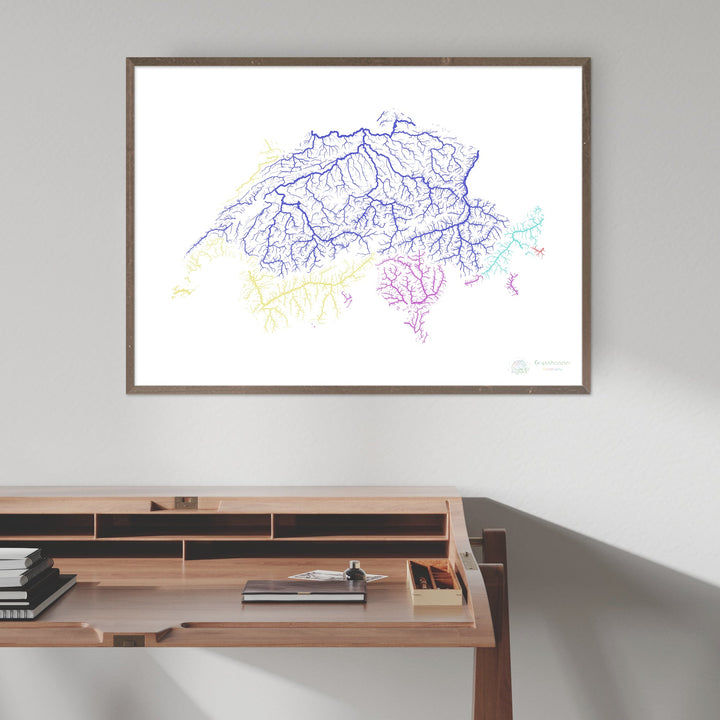 Switzerland - River basin map, rainbow on white - Fine Art Print