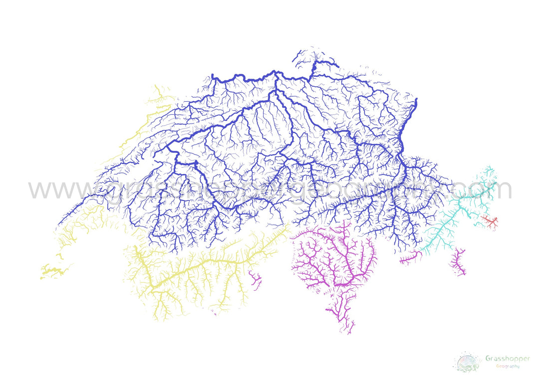 Switzerland - River basin map, rainbow on white - Fine Art Print