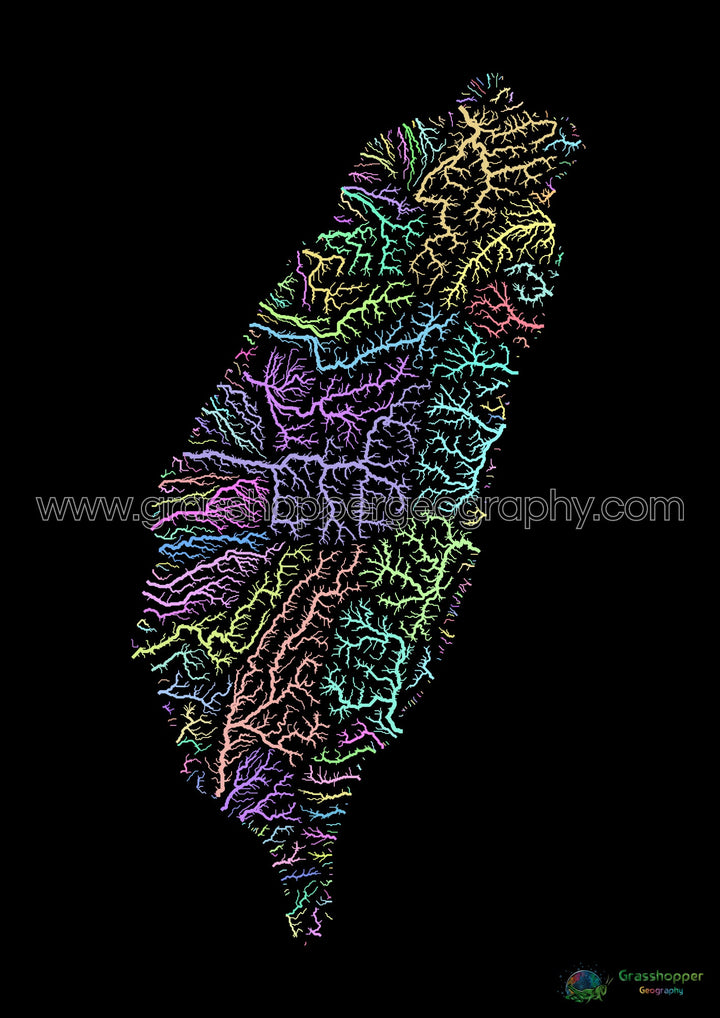 River basin map of Taiwan, pastel colours on black - Fine Art Print