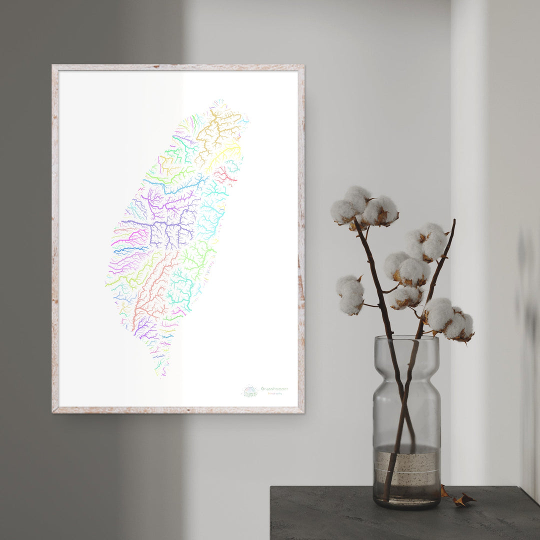 River basin map of Taiwan, pastel colours on white - Fine Art Print