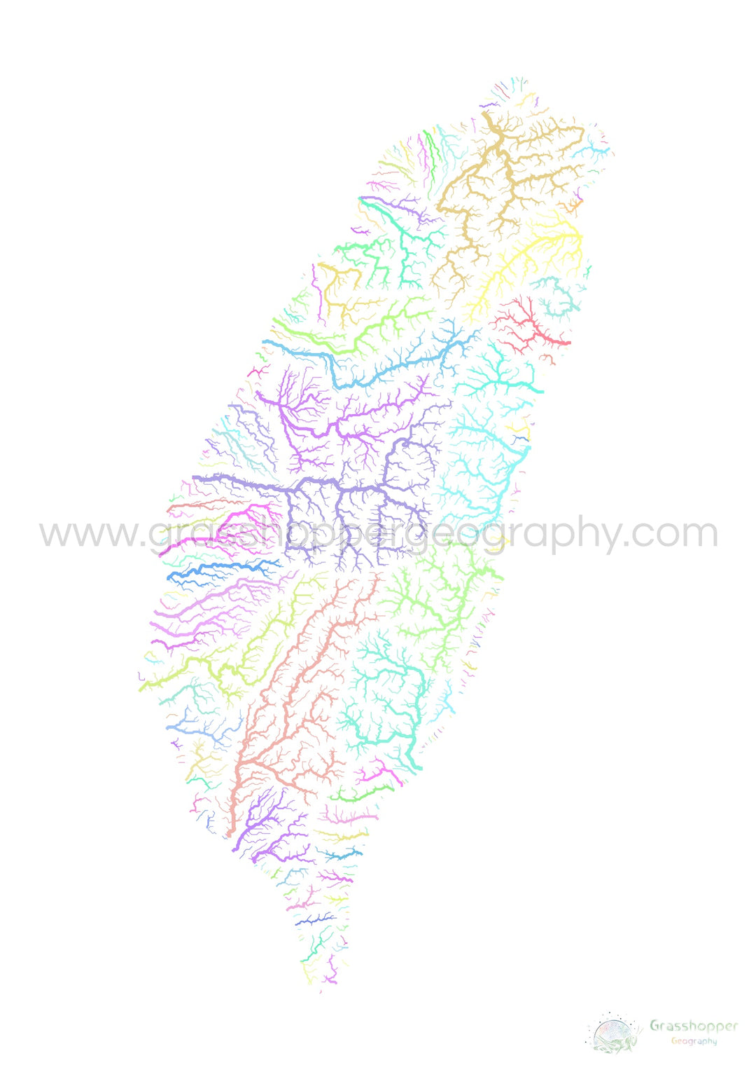 Taïwan - Carte des bassins fluviaux, pastel sur blanc - Fine Art Print