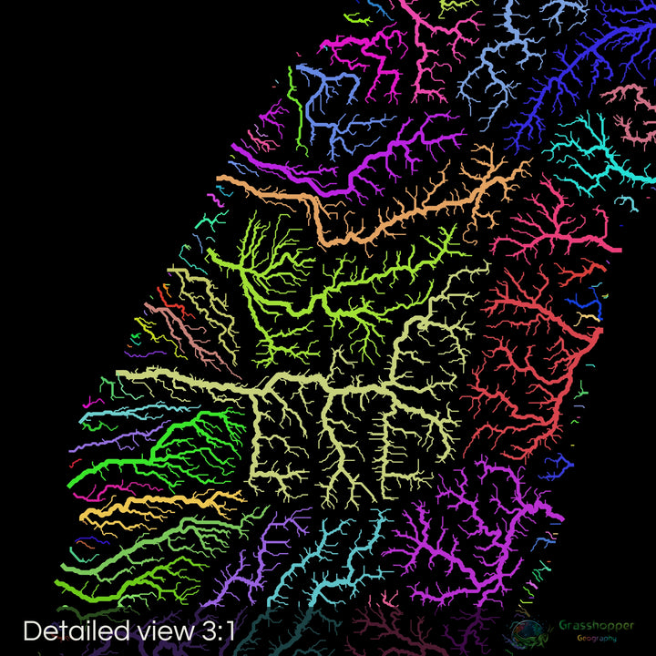 River basin map of Taiwan, rainbow colours on black - Fine Art Print