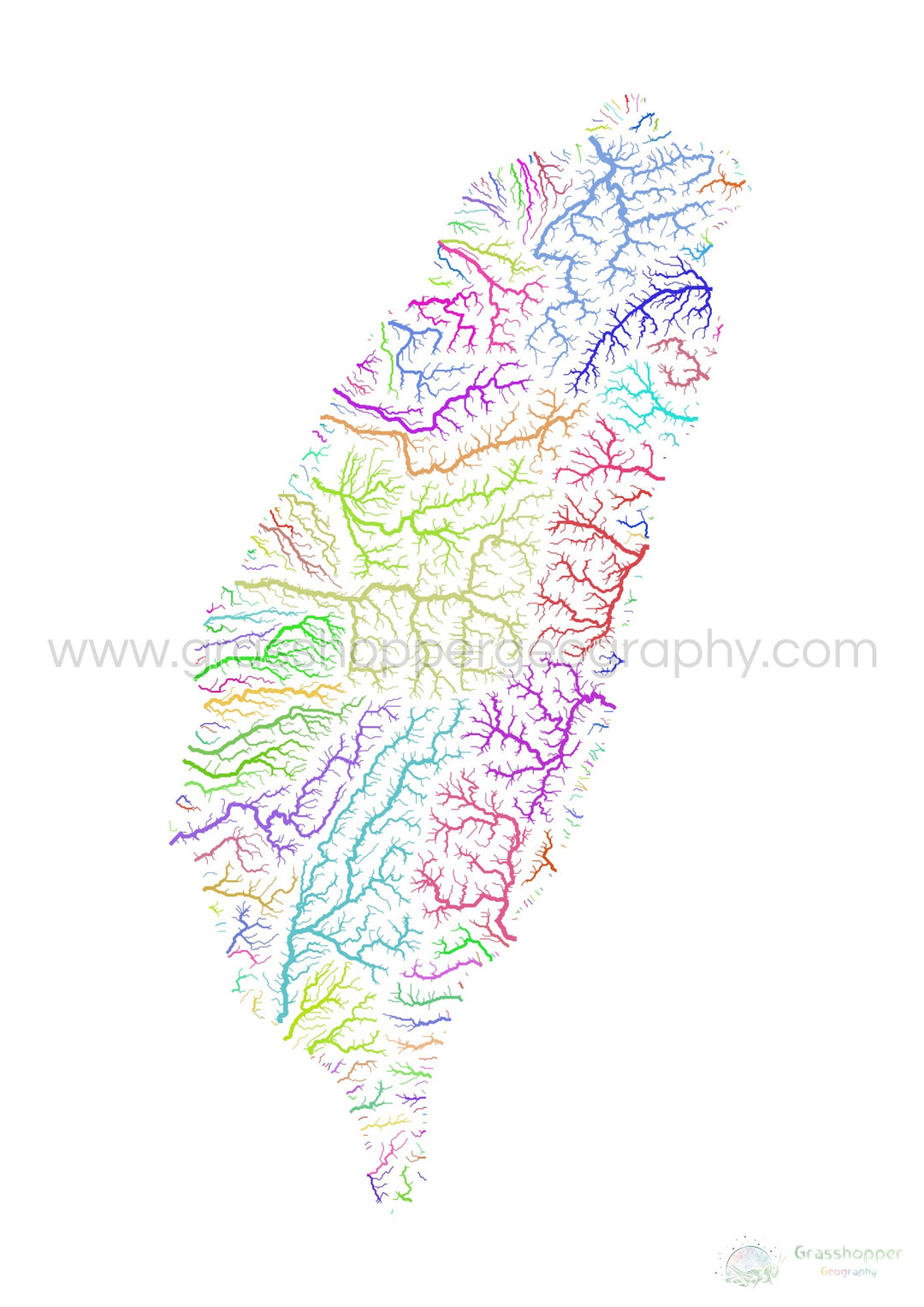 River basin map of Taiwan, rainbow colours on white Fine Art Print