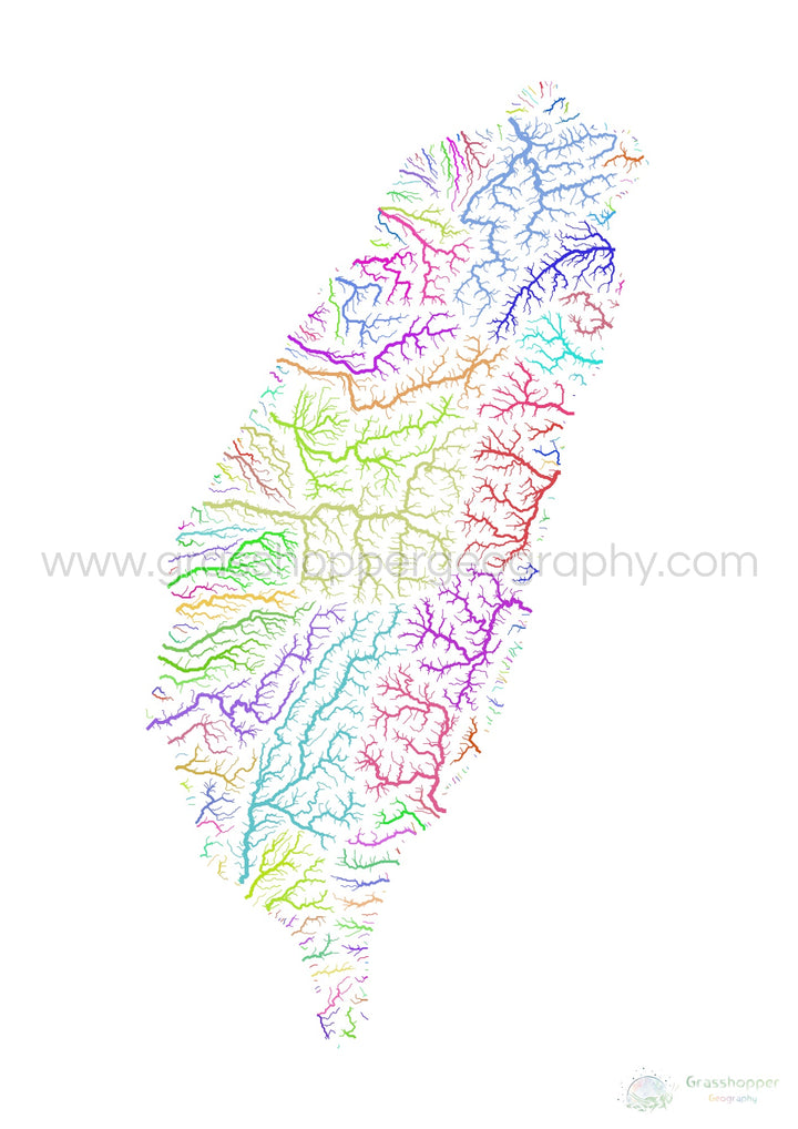 Taiwan - River basin map, rainbow on white - Fine Art Print